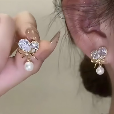 AuvriaZ Sweet Love Heart Earrings stylish and fancy korean earrings for women and girls Zircon, Pearl Alloy Stud Earring