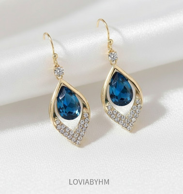 LOVIA BY HM BLUE CRYSTAL EARRINGS, CUBIC ZIRCONIA AD EARRINGS, GOLD KOREAN EARRINGS Cubic Zirconia, Crystal Alloy Drops & Danglers, Rhinestone Studs, Earring Set, Plug Earring