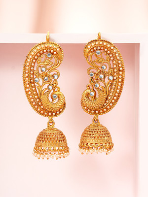 RUBANS 22K Gold-Plated Peacock Motif Ear-Cuff Jhumka with White Stone & Pearl Brass Jhumki Earring