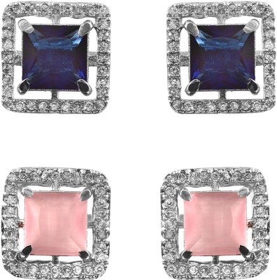 scykripa Square CZ Crystal Stud Earrings ,American Diamond Partywear Blue & Pink Studs Zircon Brass Stud Earring