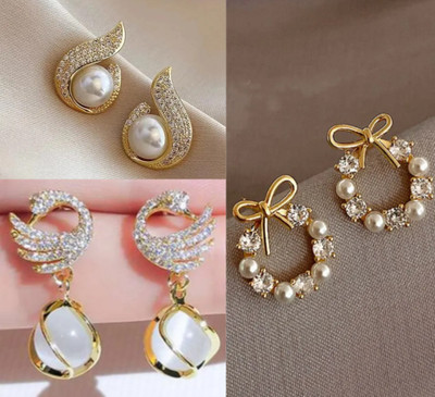 Saugaat Craft Western Party Wear Stylish Combo Pack Of 3 Korean Earrings For Women Girls Cubic Zirconia, Crystal, Pearl Alloy Drops & Danglers, Rhinestone Studs, Stud Earring, Earring Set