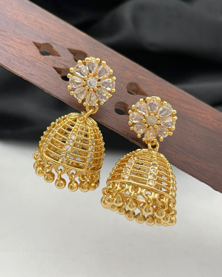 PBM CREATIONS GOLD PLATED AD STONE WEDDING JHUMKI / PEARL STUD / KUNDAN BEADS EARRING Copper Drops & Danglers, Jhumki Earring