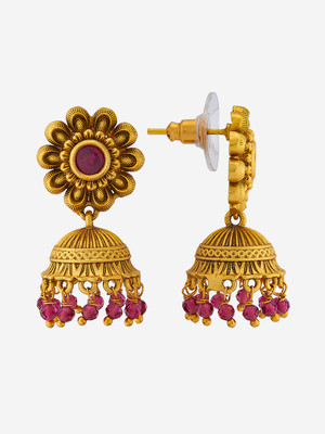 Kushal's Fashion Jewellery Ruby Gold-Plated Ethnic Antique Jhumki Zircon Copper Jhumki Earring