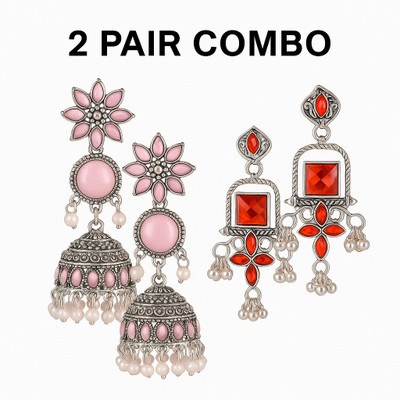 Devik Traders Traditional Pink Jhumka & Red Chandbali Earrings Set Beads Alloy Jhumki Earring