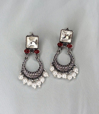 NAGINA CREATION Oxidised Silver Square Mirror Earrings with Pearl Hangings White Zircon Alloy Drops & Danglers
