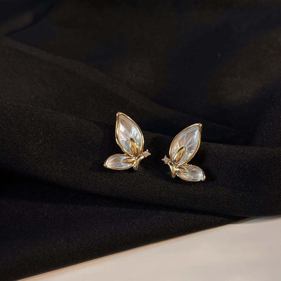 Inites 1 Pair Korean Style White Enamel Small Butterfly Stud Earrings For Girls & Women Zircon Stainless Steel Earring Set, Stud Earring, Hoop Earring, Plug Earring