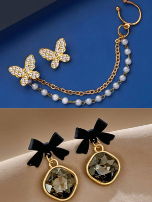 RAPPERSSHOP Butterfly Pearl Chain Drop Stud & Black rhinestones stud drop Earrings Zircon, Beads Alloy Stud Earring, Drops & Danglers, Earring Set