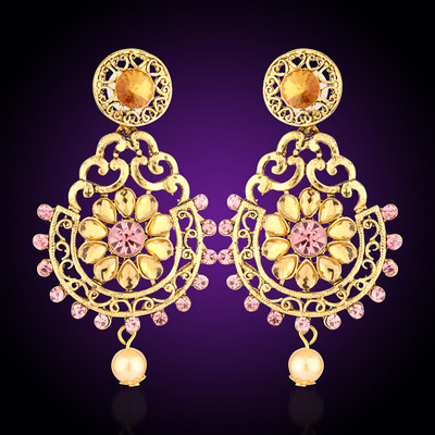 Golden Vine Antique Gold Oxidized Jhumka Earrings with Peach Pearls & Stones Metal Earring Set
