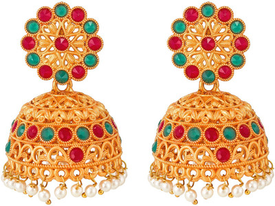 AADITA Red and Green Stones Base Metal South Indian Style Traditional Jhumki Earring Brass, Alloy Jhumki Earring
