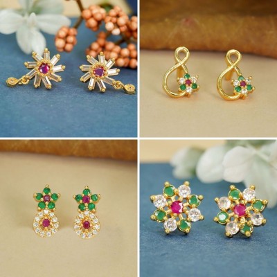 Dency Elegant Look Pack of 4 with 22K Gold-Plated Earrings Crystal, Diamond Brass Stud Earring