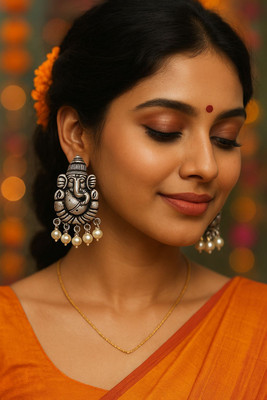 brassjewel Oxidised Silver Ganesha Earrings with Pearl Beads for Women & Girls Beads Brass Stud Earring