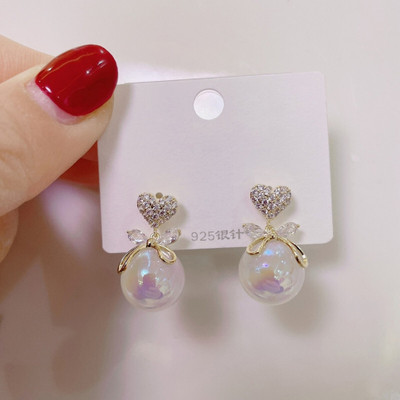 house of common Korean Studded Heart Bow Pearl Stud Earrings For Women And Girls 2 Pcs/Set Alloy Stud Earring