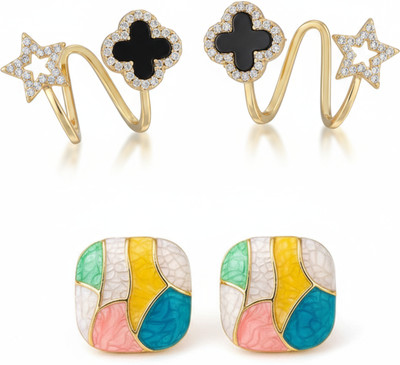 BEAUTYNX Pack Of 2 Trendy Black Star Clover Earrings & Multicolor Enamel Stud Earrings Alloy Stud Earring