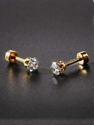 HOUSEOFTRENDZZ Gold Small Round Crystal Cute Plain Simple for Mens Stainless Steel Zircon Metal Stud Earring
