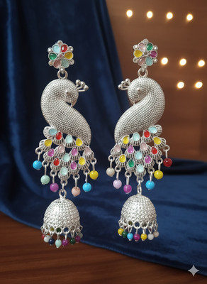 NOOSA Silver peacock Cubic Zirconia White Metal Jhumki Earring