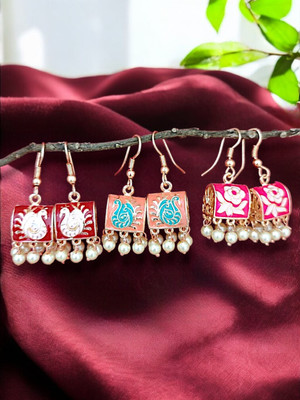 SHILPRI CREATIONS Elegant Meenakari Peacock, Swan & Floral Design Earrings with Pearl Drops Brass Jhumki Earring