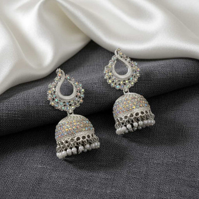 Crest Collection Silver-Plated Stone Studded Dome Jhumka Earrings with Pearl Drops for Women Crystal Alloy Jhumki Earring