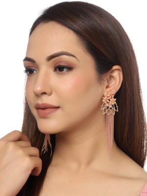 YELLOW CHIMES Earrings for Women Floral Shaped Crystal Pink Long Chain Dangler Earrings Crystal Brass Drops & Danglers