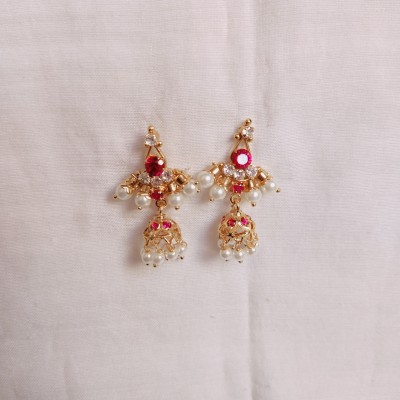 kurdekars divuu red white stones and pearl fitted earring + small jumka 137 Copper Jhumki Earring