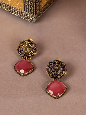 House of Pataudi Brass-Plated Pink Studded Geometric Drop Earrings Alloy Stud Earring