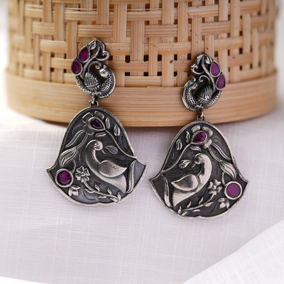 Sanseeta MayurGhantika- Silver Brass Oxidised dangler earrings Zircon Brass Drops & Danglers