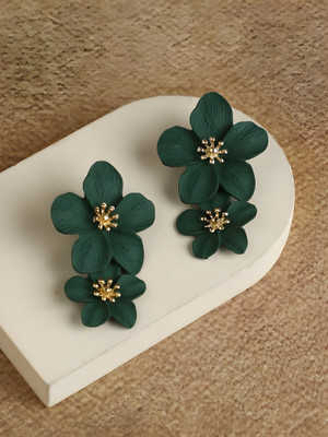 Mellisea Dark Green Floral Drop Earrings for Gen Z Style Queens Alloy Drops & Danglers, Hoop Earring, Jhumki Earring, Earring Set