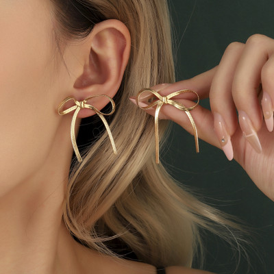 Salty Bowy Bow Luxury Gold Earring for Women & Girls | Ear Tops | Aesthetic Jewelry Brass, Alloy Earring Set