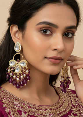 GetBling Traditional Kundan & Purple Beads Chandbali Earrings for Women & Girls Beads, Sapphire Alloy Drops & Danglers