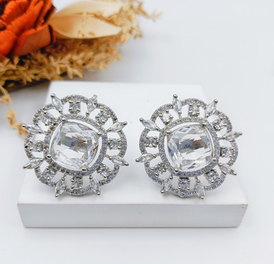 Manikya MANIKYA Brass AD Rhodium Plated Earings Tops With Hydro Colour CZ Stones Cubic Zirconia Brass Stud Earring