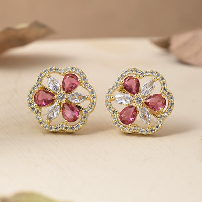 Voylla Sparkling Elegance Gold-Plated Dark Pink Floral Stud Earrings Brass Stud Earring