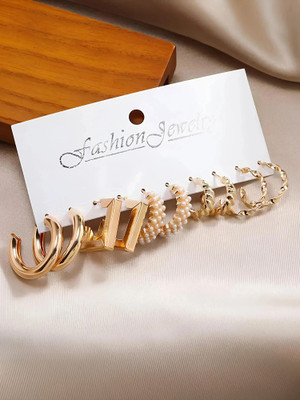 Karishma Kreations Combo of 5 Pair Pearl Geometric Twisted s Beads, Pearl Alloy Earring Set, Hoop Earring, Huggie Earring, Drops & Danglers, Stud Earring