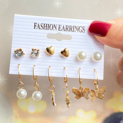 DESTINY JEWEL'S Trendy 6 Pair Moon Star With Butterfly Shine Drop Earrings Set For Women & Girls Pearl Alloy Stud Earring