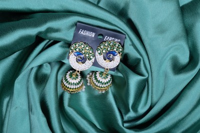 Cozfrin Bridal Wedding Traditional Gold Peacock Moti Collection Brass Jumkha erring Diamond Metal Earring Set, Jhumki Earring