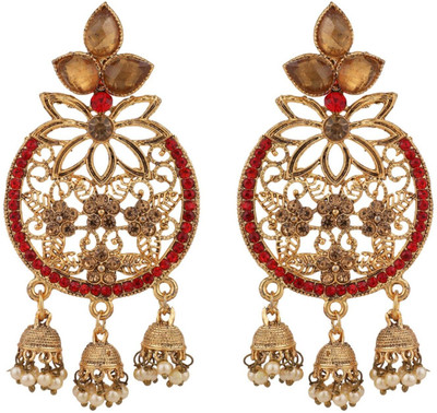 Styylo Jewels Gold Plated LCT & RED Cubic Zirconia 3 Jhumki Chandbali Earring_SJ Cubic Zirconia Brass Chandbali Earring
