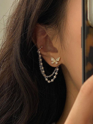 Dressberry Korean Pearl Chain Ear Cuff Butterfly Stud Earrings For Women/Girls Pearl Alloy Cuff Earring