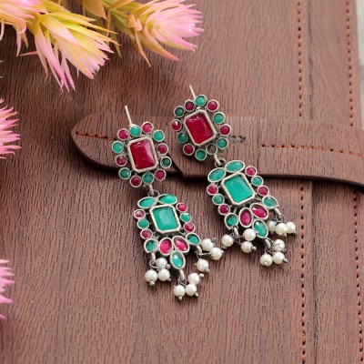 Jewelgenics Silver-Tone Red & Green Drop Earrings For Women/Girl's Crystal Alloy Drops & Danglers