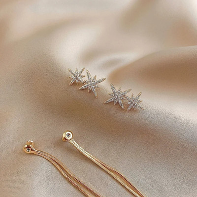 Onuyx Onuyx Korean Earrings For Girls & Women/ Long Double Star Stud Earrings Zircon Alloy Stud Earring