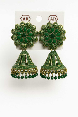 Noya Floral Green Gold Plated Fancy Drop Earrings with Emerald and Quartz Accents Metal Jhumki Earring