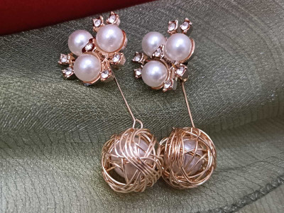 pamposh Pearl & Crystal Dual-Style Earrings – Elegant Stud & Drop Design Pearl Alloy Stud Earring, Drops & Danglers