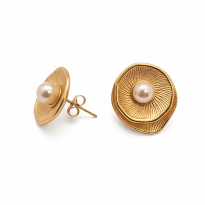 KAYYA21 Elegant Gold-Plated Textured Stud Earrings with Pearl Center for Women Pearl Stainless Steel Stud Earring