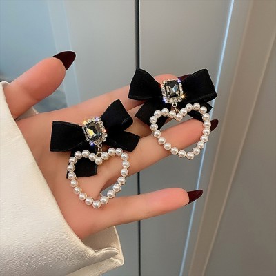 DESTINY JEWEL'S Trendy Exclusive Korean Style Black Bow Faux Pearl Décor Heart Shaped Earrings Cubic Zirconia Alloy Drops & Danglers