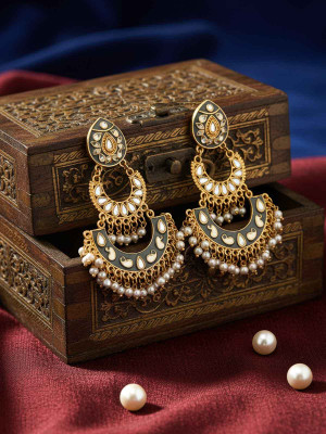 Fashion Fusion Kundan Meena Pearl Brass Drops & Danglers, Chandbali Earring