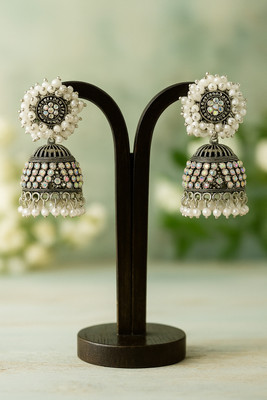 Rajbhar Regal Pearl-Embellished Jhumka Earrings – Pastel Gridwork & Floral Studs Beads Alloy Earring Set
