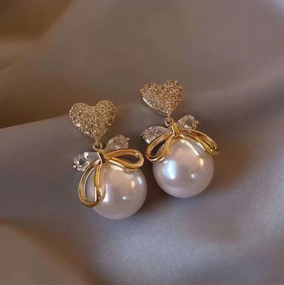 Anushi Korean Love bow big pearl stud earrings Zircon Crystal Drops & Danglers