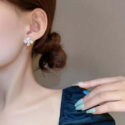 TVI Korean Studded Windmill Rotating Gold-Plated Stud Earrings For Women And Girls Cubic Zirconia Alloy Stud Earring