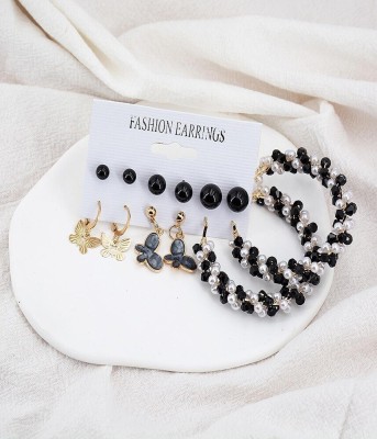 Karishma Kreations Gorgeous Combo of 6 pair Black white Stud and Drop Earrings for Women and Girls Cubic Zirconia, Crystal, Pearl, Beads Brass, Crystal, Copper, Stainless Steel Earring Set, Drops & Danglers, Stud Earring, Clip-on Earring, Cuff Earring, Hoop Earring