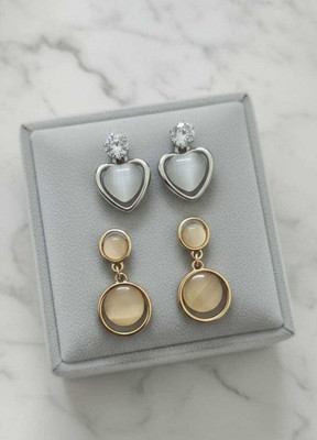 MD CREATIONS HUB CatEye Stud Earrings Combo (Set of 2) | Heart & Circle Dangles for Women & Girls Cubic Zirconia Alloy, Brass Stud Earring