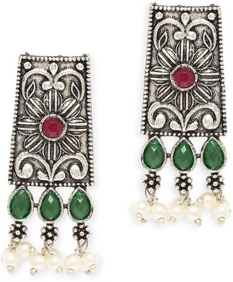 fabula Oxidised Silver Ethnic Drop Earrings - Green & Maroon Stones - Geometric Floral Beads, Crystal Alloy Drops & Danglers