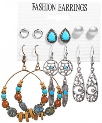 Stree Saaj Plushy Pearl & Beads Oxidised German Silver Plated 6 Pair of Earrings For Women Metal Earring Set