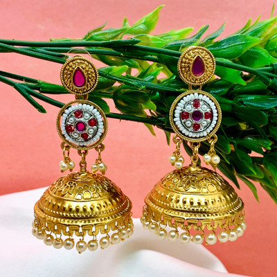 Neeara Fashion Stylish Gold Plated Jhumka Earrings for Women and Girls | Ruby Color | Alloy Drops & Danglers